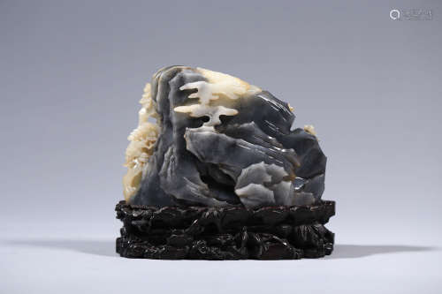 CHINESE CARVED BLACK AND WHITE JADE PINE AND STONE BOULDER