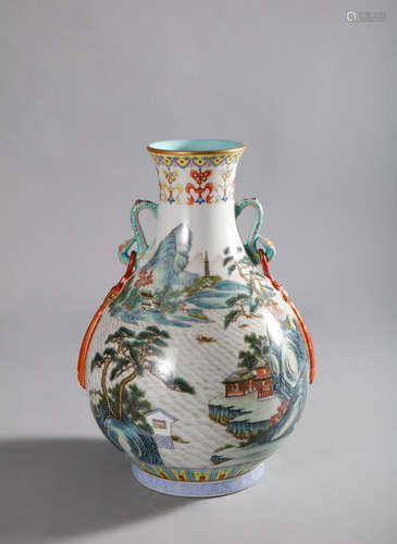 CHINESE FAMILLE ROSE FIGURE AND LANDSCAPE RUYI EARED VASE