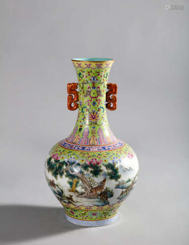 CHINESE FAMILLE ROSE DEER AND FLOWER DOUBLE EARED VASE