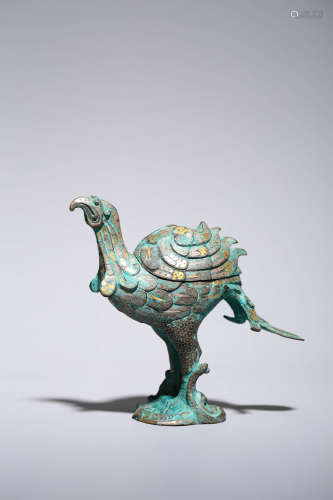 CHINESE GOLD AND SILVER INLAID BRONZE FIGURE OF A BIRD