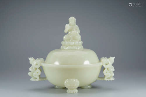 CHINESE JADE CARVED DOUBLE EARED BUDDHIST CENSER