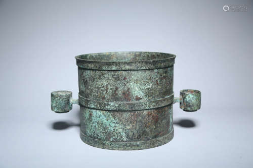 CHINESE BRONZE DOUBLE EARED CYLINDRICAL VESSEL