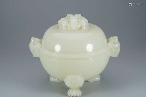 CHINESE JADE CARVED DOUBLE EARED TRIPOD CENSER