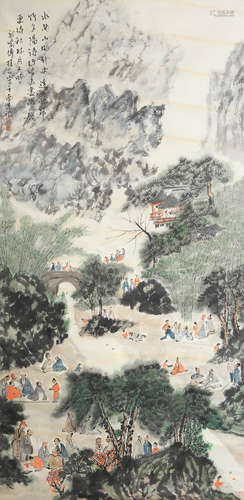 CHINESE LANDSCAPE AND FIGURE PAINTING SCROLL FU BAOSHI MARK