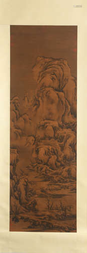 CHINESE STONE PAINTING SCROLL GUAN TONG MARK