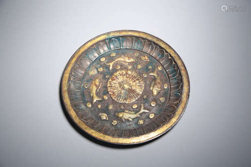 CHINESE GILT SILVER FOUR CARP ROUND DISH