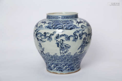 CHINESE BLUE AND WHITE FIGURES AND WAVE JAR