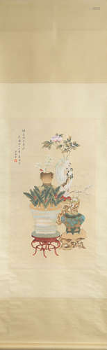 CHINESE FLOWERS PAINTING SCROLL SONG MEILING MARK