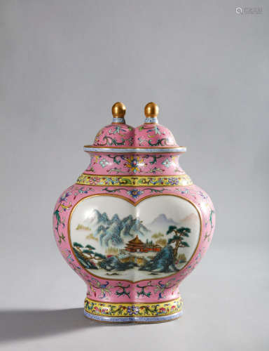 CHINESE FAMILLE ROSE LANDSCAPE AND FIGURE CONJOINED VASE