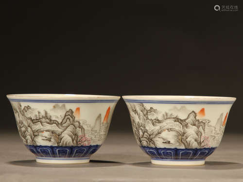 Blue and white Wucai landscape tea bowl