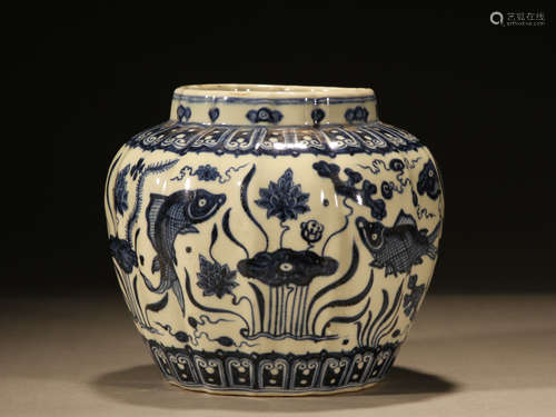 Blue and white fish grass pot