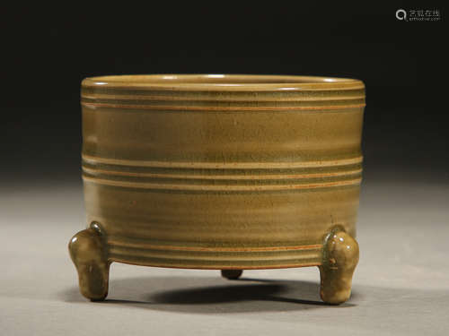 Celadon three-legged incense burner with spiral pattern