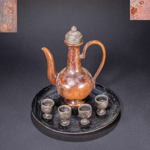 CHINESE WOOD LACQUERWARE WINE SET, LIAO DYNASTY