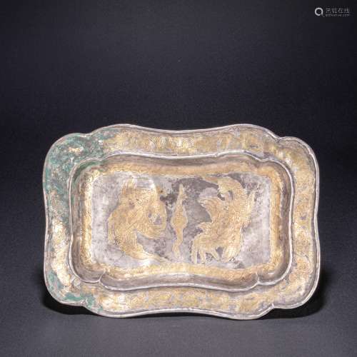 CHINESE SILVER GILT SQUARE PLATE, LIAO DYNASTY