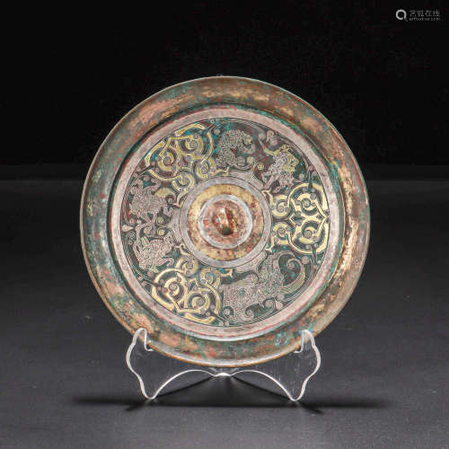 CHINESE BRONZE MIRROR INLAID WITH GOLD, HAN DYNASTY