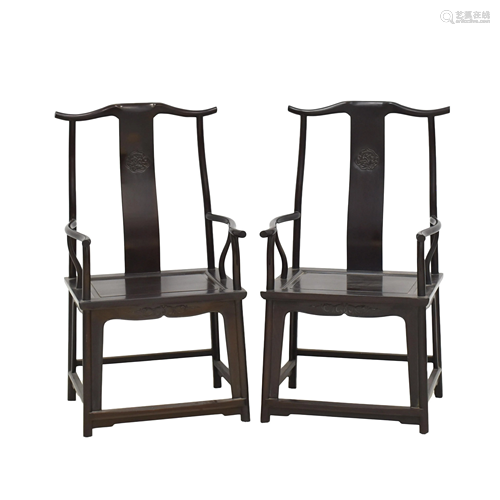 ANTIQUE PAIR ZITAN CARVED OFFICER HAT ARM CHAIRS