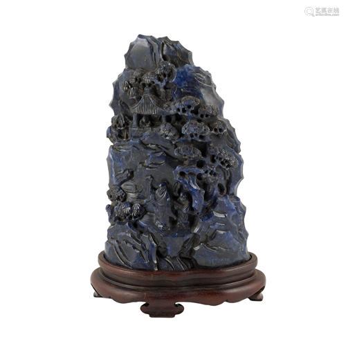 LAPIS LAZULI MOUNTAIN LANDSCAPE SCULPTURE ON STAND