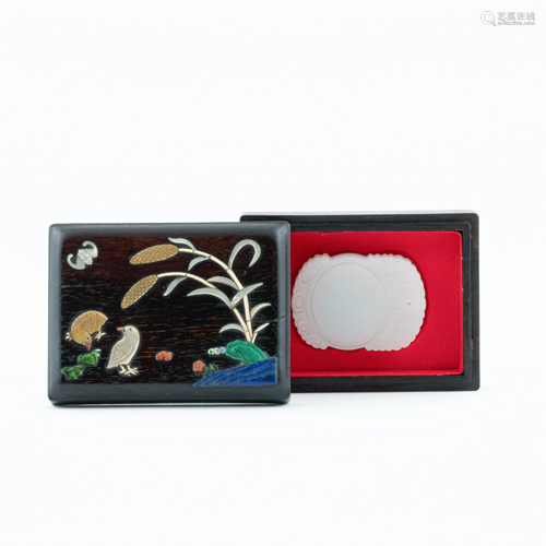 WHITE JADE ORNAMENT IN HARDWOOD BOX INLAID