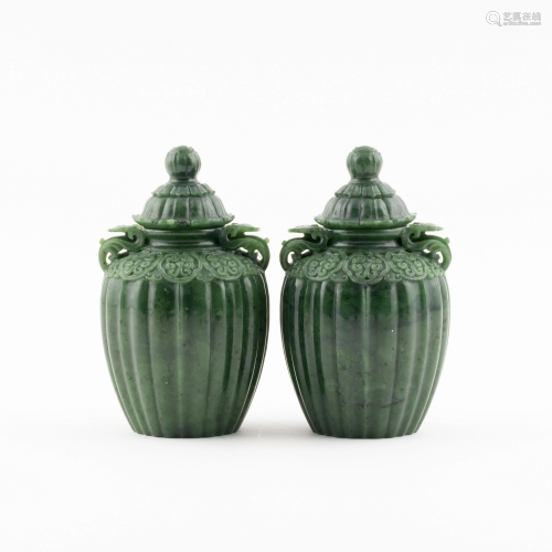 PAIR OF GREEN JADE CHESS LIDDED JARS