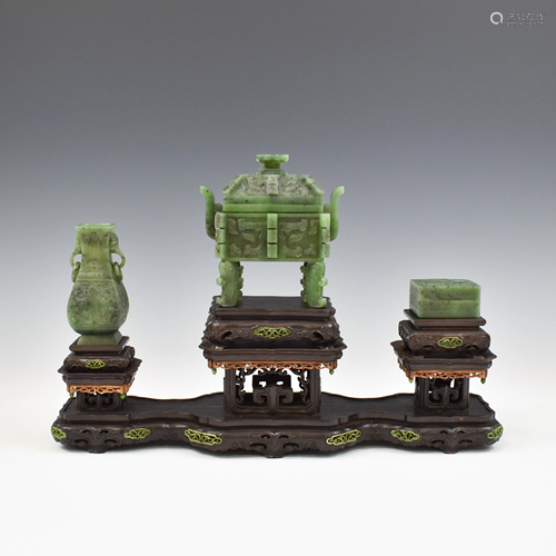 SET OF 3 SPINACH GREEN JADE CENSER, URN, AND BOX