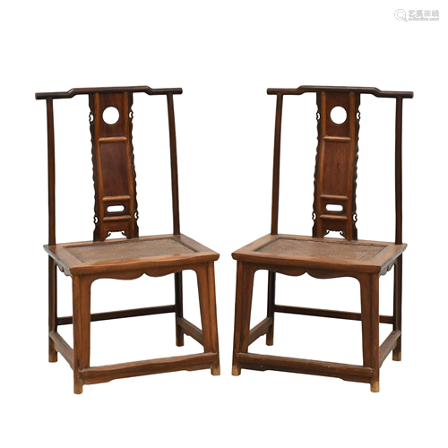 ANTIQUE PAIR HUANGHUALI CARVED OFFICER HAT CHAIRS