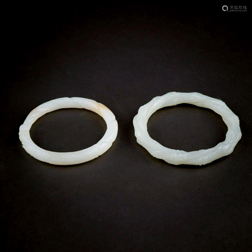 PAIR OF BAMBOO & DRAGON MOTIF WHITE JADE BANGLES