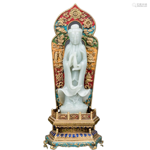 WHITE JADE GUANYIN ON GILT BRONZE AURA THRONE