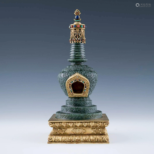 CHINESE GREEN JADE AND GILT BRONZE INLAID STUPA