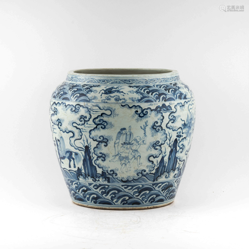 MING BLUE & WHITE FIGURINE AND LANDSCAPE JAR