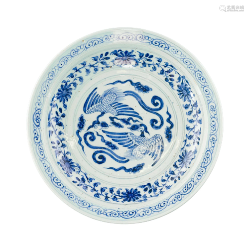 YUAN BLUE & WHITE PHOENIX PORCELAIN CHARGER