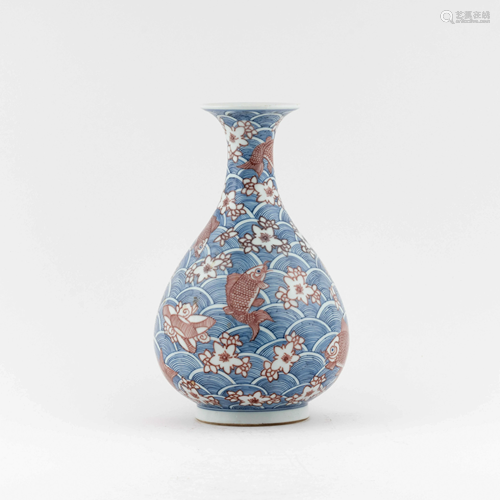 KANGXI RED CARP OVER BLUE WAVES PEAR VASE