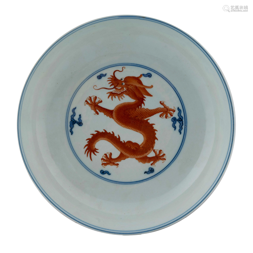 RED DRAGON PORCELAIN DISH, QIANLONG MARK