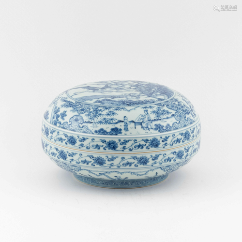 CHENGHUA BLUE & WHITE FIGURINE & LANDSCAPE LIDDED BOX