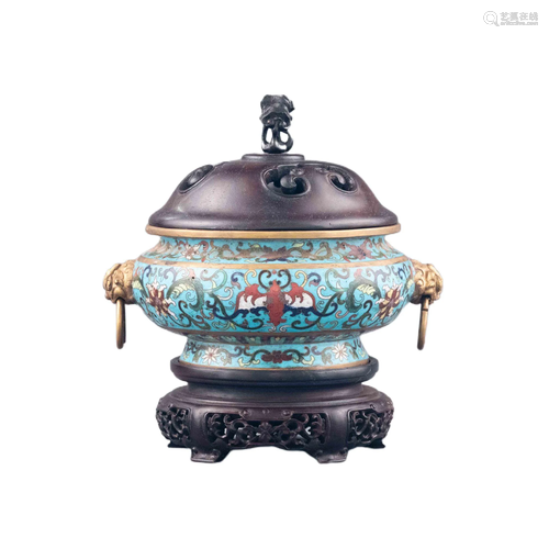 QING GILT BRONZE CLOISONNE LIDDED CENSER ON ST…