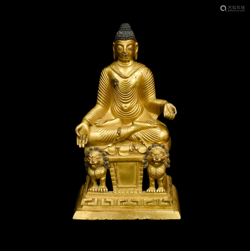 GILT BRONZE MAITREYA BUDDHA ON LION PEDESTAL