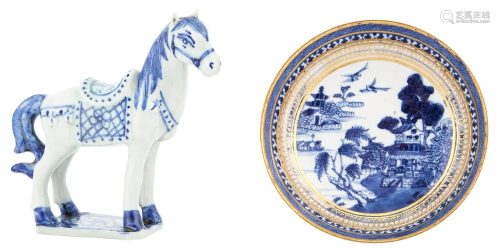 A Chinese Blue and White Porcelain Horse; Together with