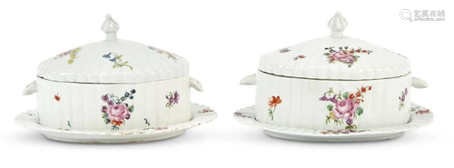 Pair of Longton Hall Porcelain Butter Tubs, Covers and