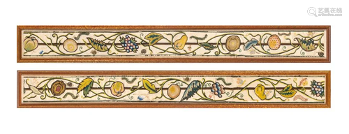 Two Elizabethan Silk Needlework Panels of Fruiting