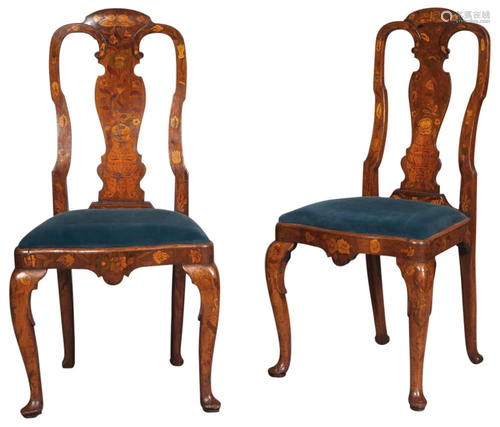 Pair of Dutch Rococo Walnut and Marquetry Side Chairs