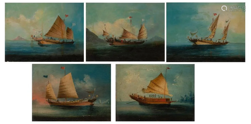 Chinese School 19th Century Sailboats in Open Water: