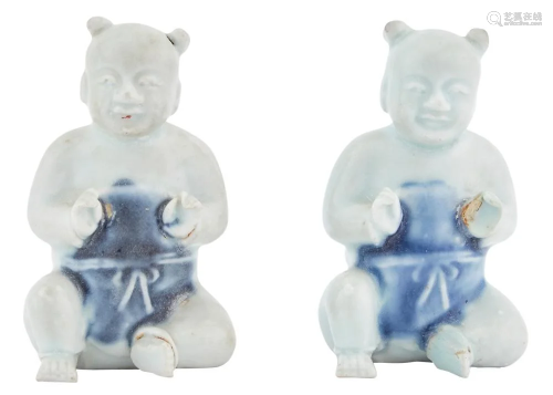 A Pair of Chinese Blue and White Paste Porcelain Boys