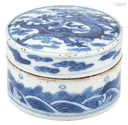 A Chinese Blue and White Porcelain Box and Cover