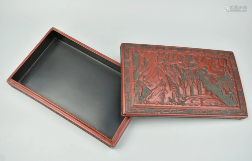 Chinese Lacquer Box w/ Mountains & Pines,20th C.