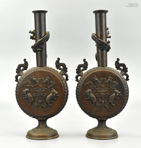 Pair of Japanese Bronze Dragon Vases, Meiji Period