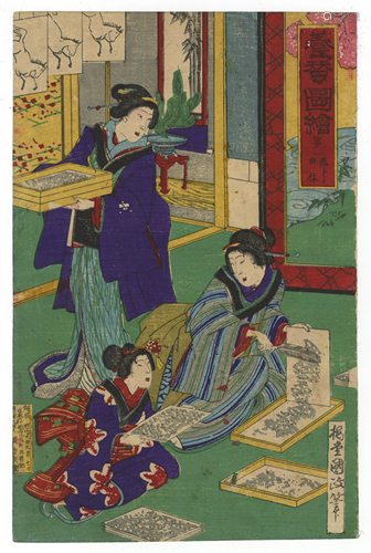 Kunimasa Baido, Silk Making, Japanese Woodblock Print