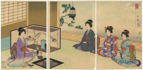 Chikanobu, Tea Ceremony, Japanese Woodblock Print