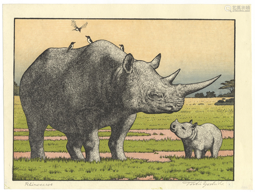 Toshi Yoshida, Rhinoceros, Japanese Woodblock Print