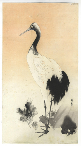 Yosa Kikuchi, Crane, Japanese Woodblock Print