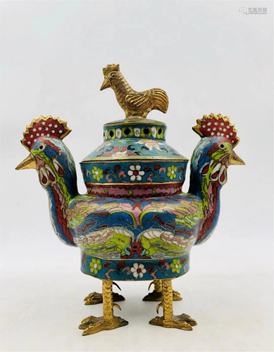 A CLOISONNE ROOSTER DESIGN INCENSE BURNER