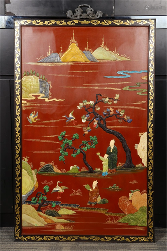 A HARD-STONES INLAID LACQUER-WARE HANGING SCREEN